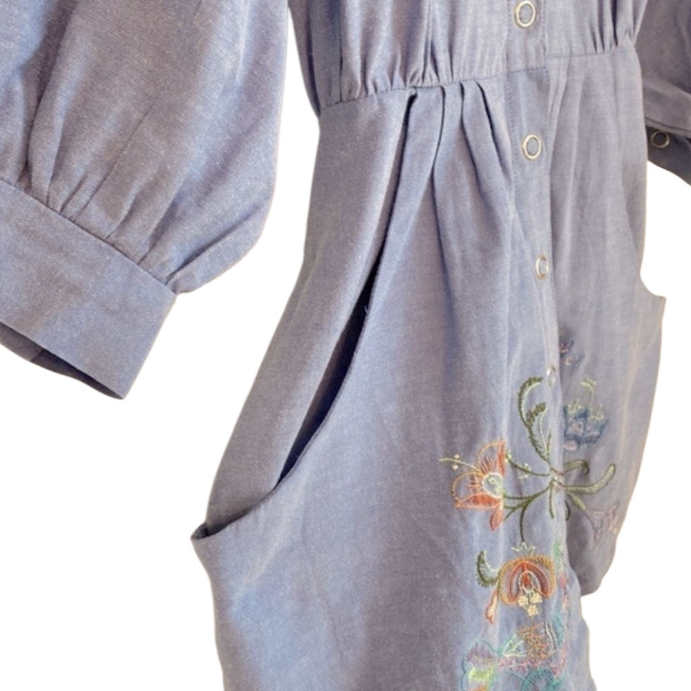 Eloise | Embroidered + Hooded Jean Dress w|pockets - Picture 6 of 11